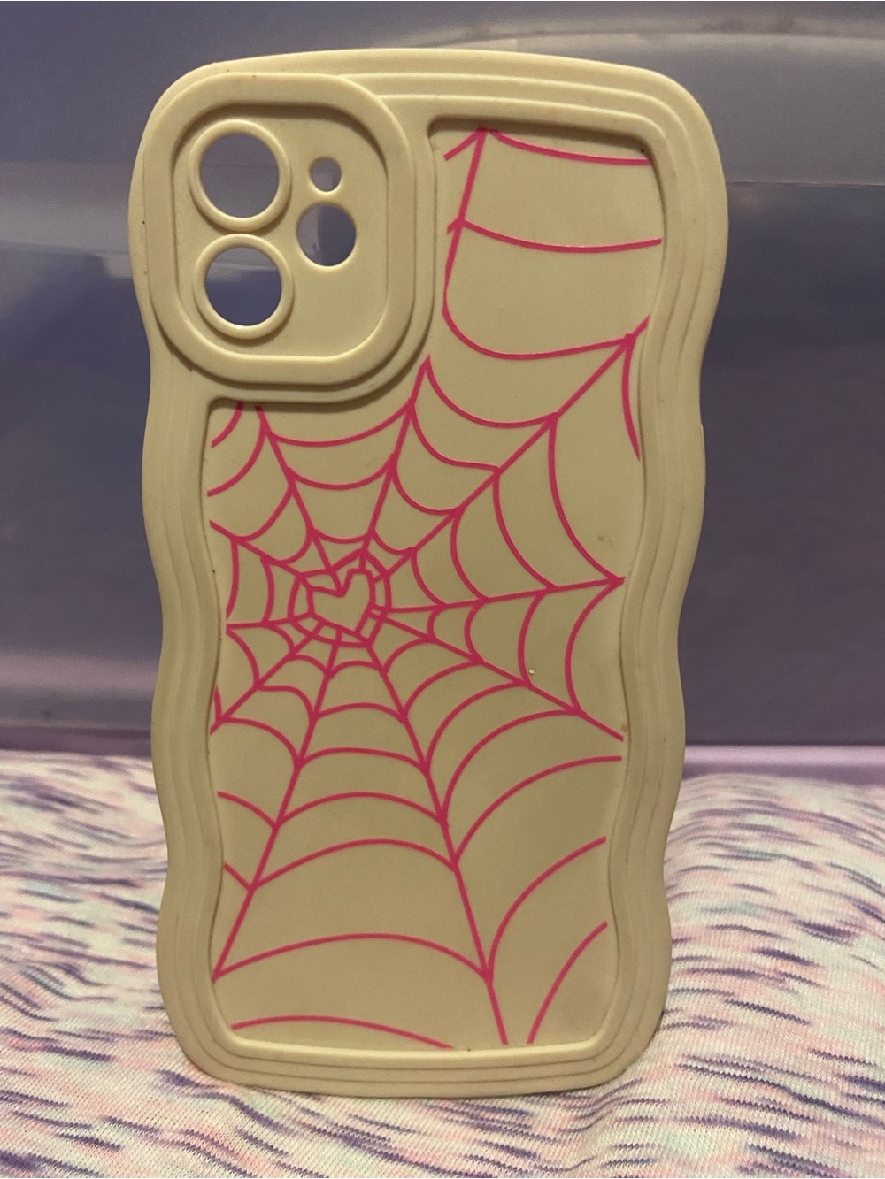 iPhone 11 Silicone Spiderweb Phone Case - Light Cream with Pink Design